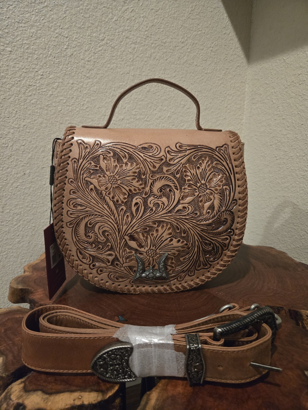 Hand-Tooled Floral Saddle Shoulder Bag in Tan Leather